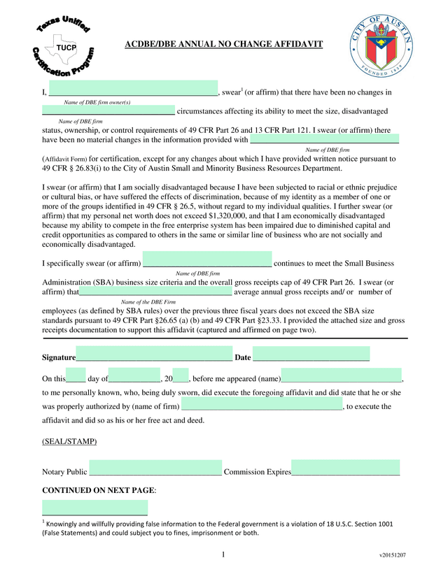 ACDBEDBE Annual No Change Affidavit screenshot