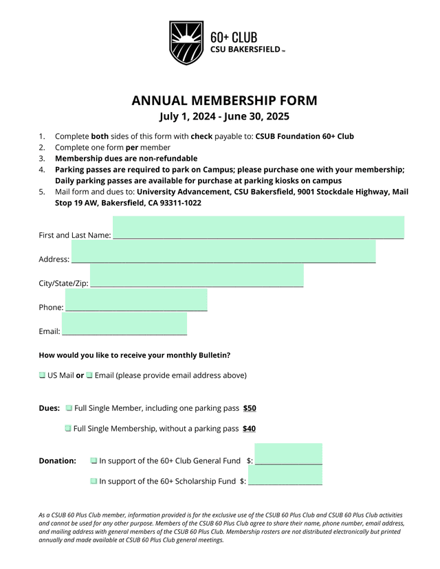 ANNUAL MEMBERSHIP FORM screenshot