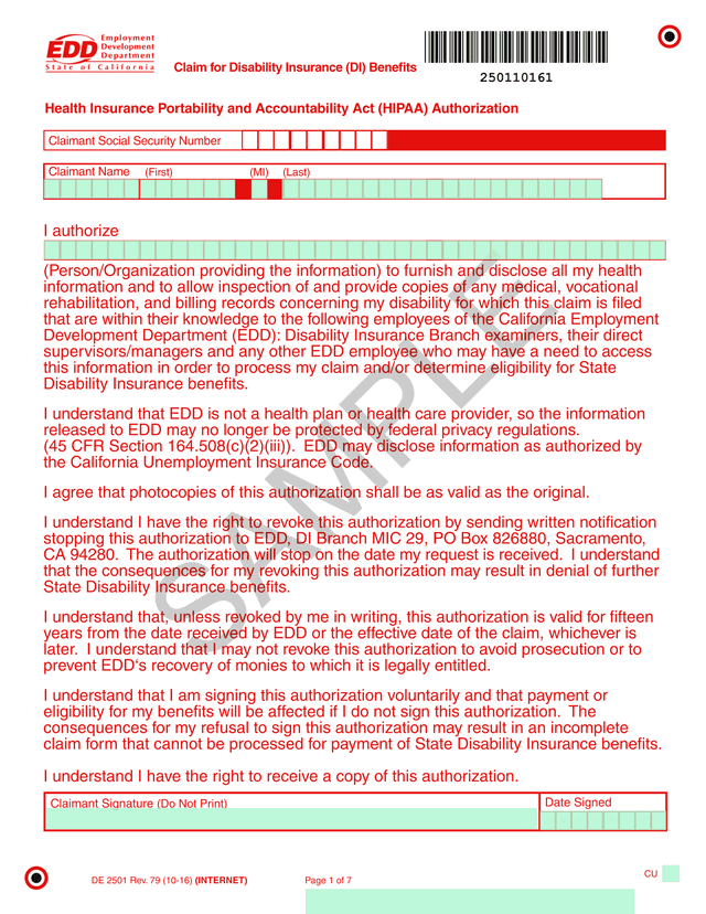 Claim For Disability Insurance (DI) Benefits screenshot