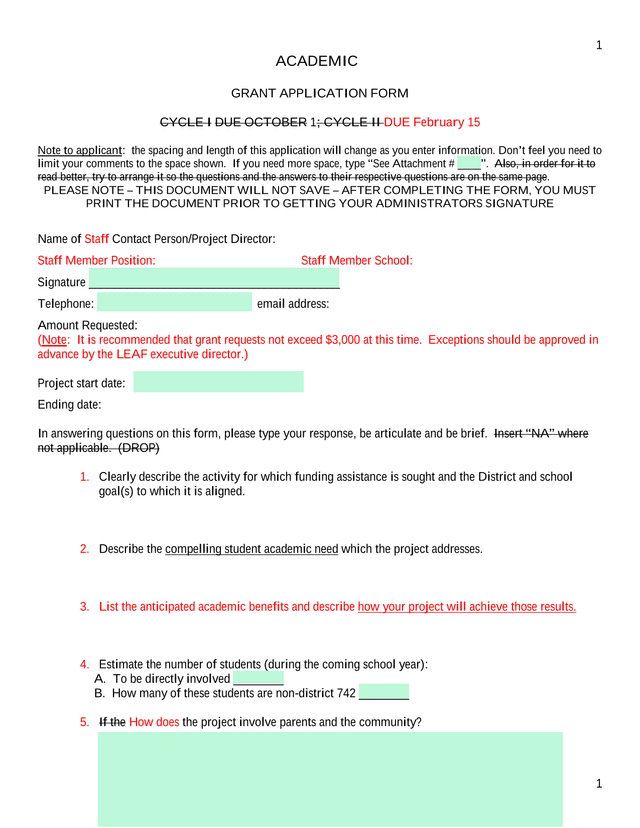 Academic Grant Application Form screenshot