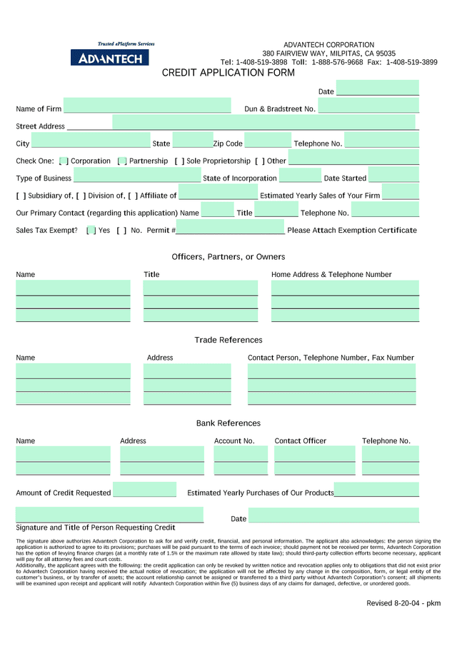 ADVANTECH CORPORATION CREDIT APPLICATION FORM screenshot