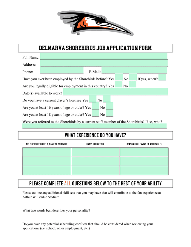Delmarva Shorebirds Job Application Form screenshot