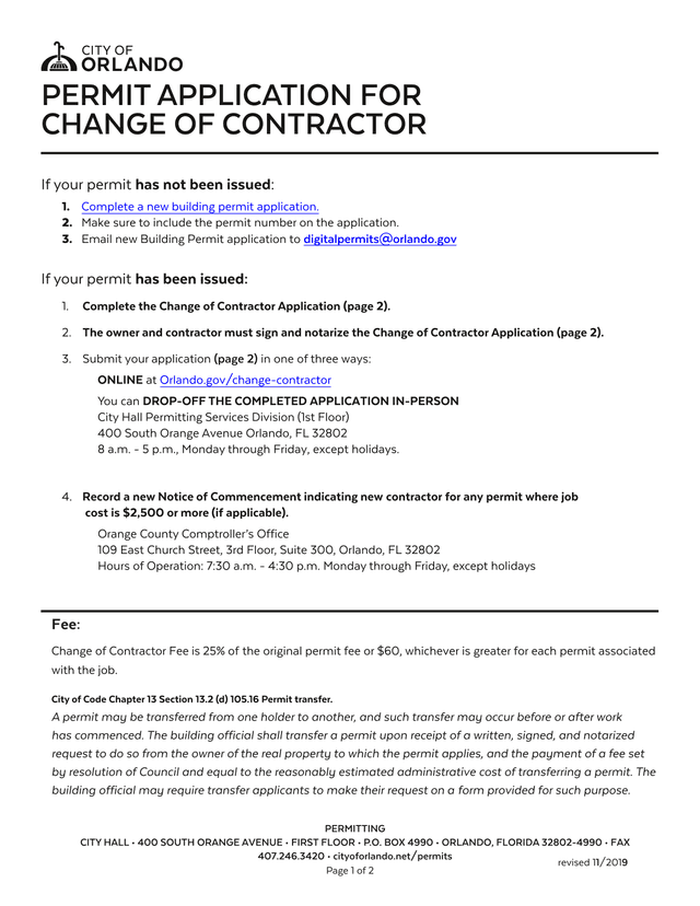 Permit Application For Change Of Contractor screenshot