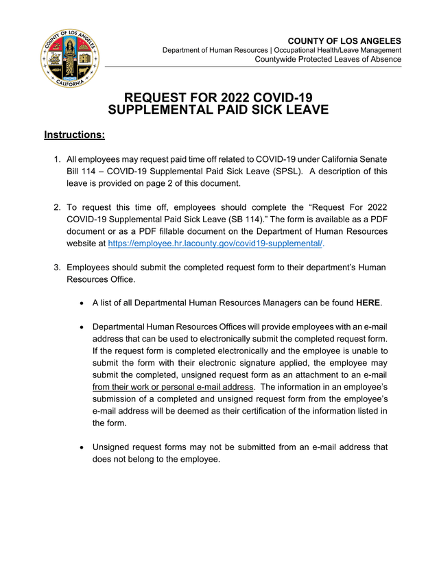 REQUEST FOR 2022 COVID 19 SUPPLEMENTAL PAID SICK LEAVE screenshot