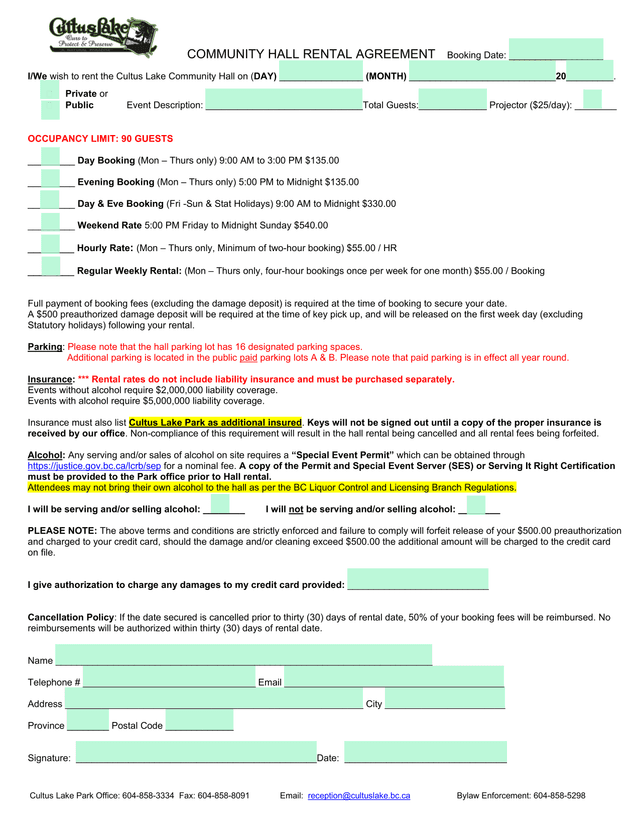 Community Hall Rental Agreement screenshot