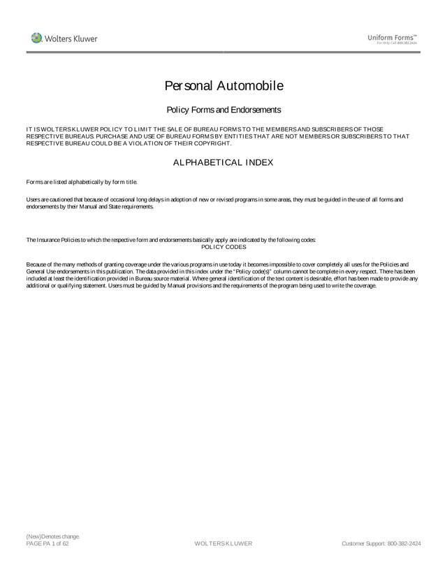 Personal Automobile Policy Forms And Endorsements screenshot