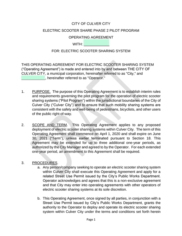 CITY OF CULVER CITY ELECTRIC SCOOTER SHARE PHASE 2 PILOT PROGRAM OPERATING AGREEMENT screenshot