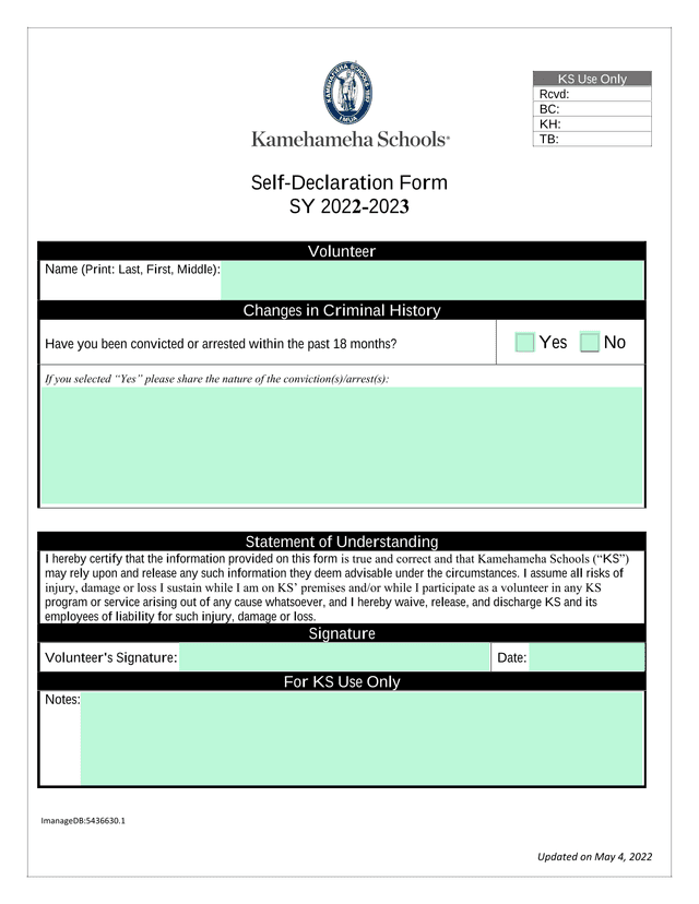 Self Declaration Form screenshot
