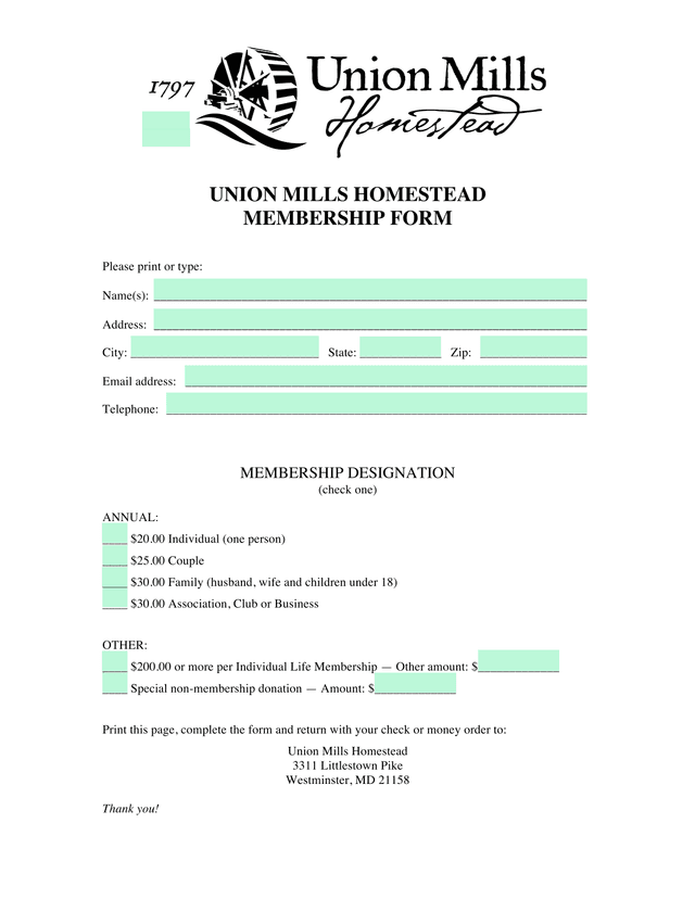 UNION MILLS HOMESTEAD MEMBERSHIP FORM screenshot