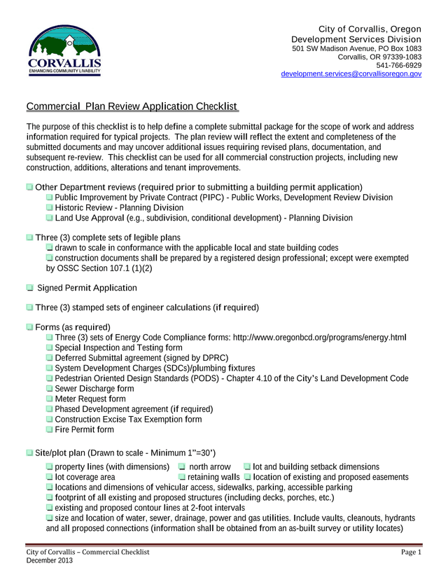 Commercial Plan Review Application Checklist screenshot