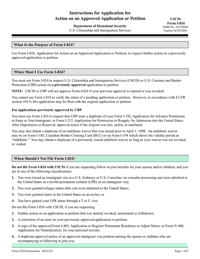 Application For Action On An Approved Application Or Petition (Form I 824) screenshot