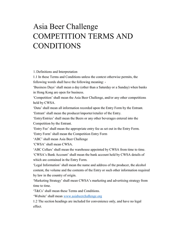 Asia Beer Challenge Competition Terms And Conditions screenshot