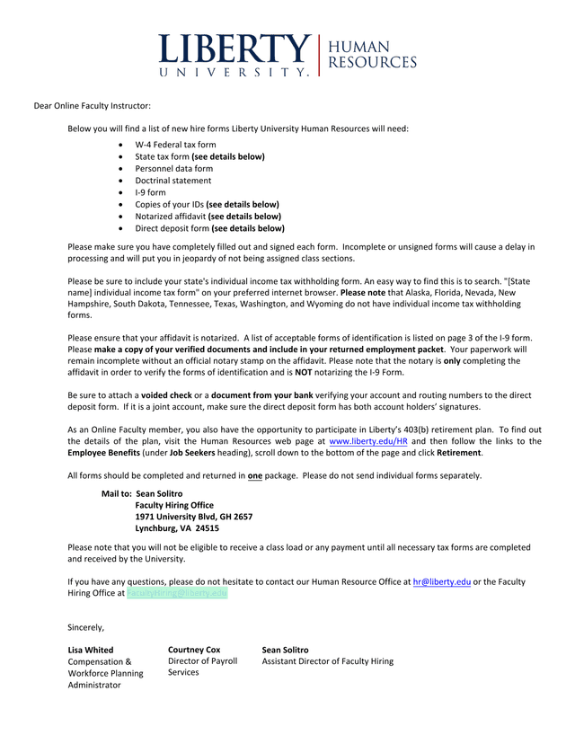 Online Faculty Instructor New Hire Forms Packet screenshot