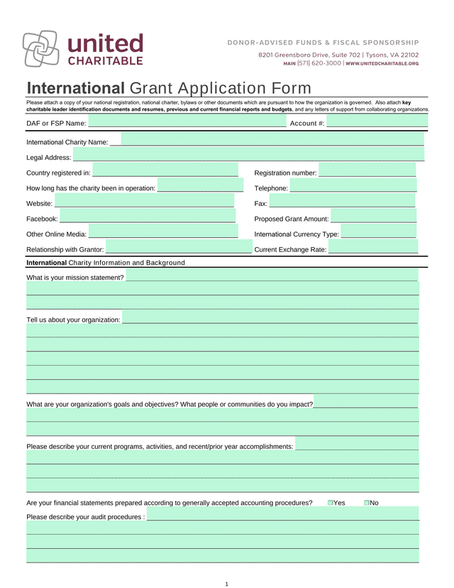 International Grant Application Form screenshot