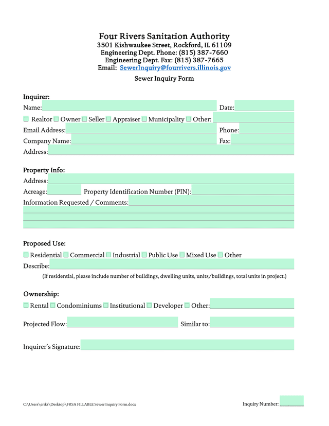 Sewer Inquiry Form screenshot