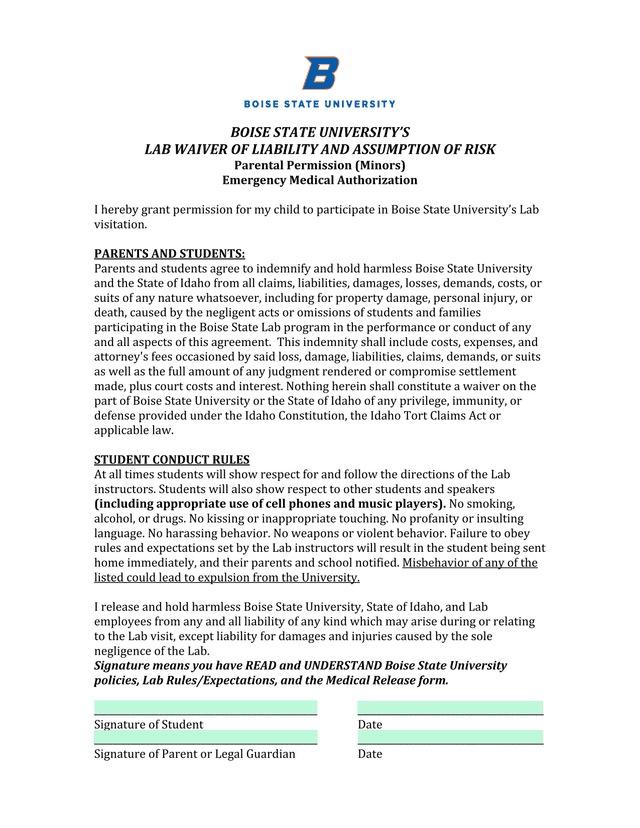 Boise State UniversityS Lab Waiver Of Liability And Assumption Of Risk screenshot