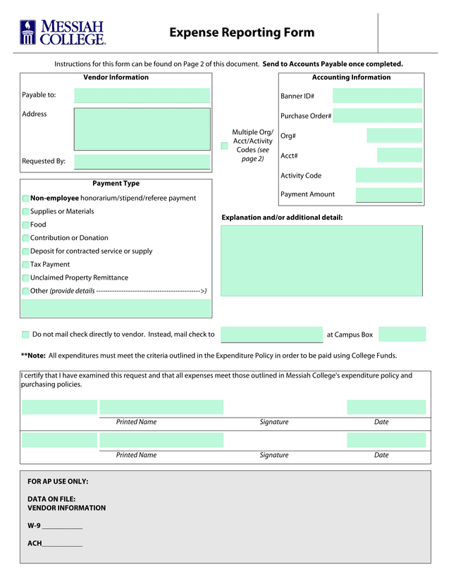 Expense Reporting Form screenshot