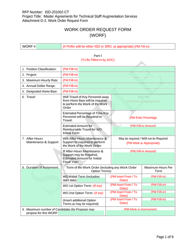 Work Order Request Form (WORF) screenshot