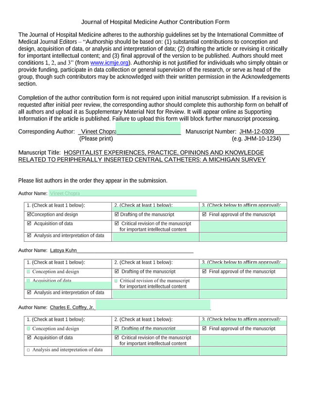 Journal Of Hospital Medicine Author Contribution Form screenshot
