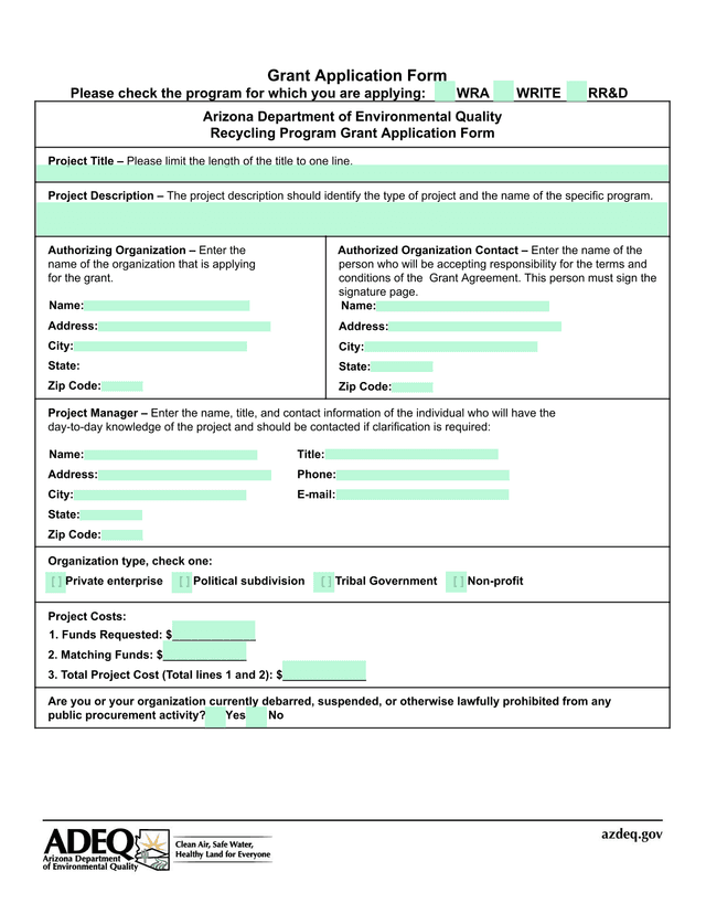 Arizona Department Of Environmental Quality Recycling Program Grant Application Form screenshot