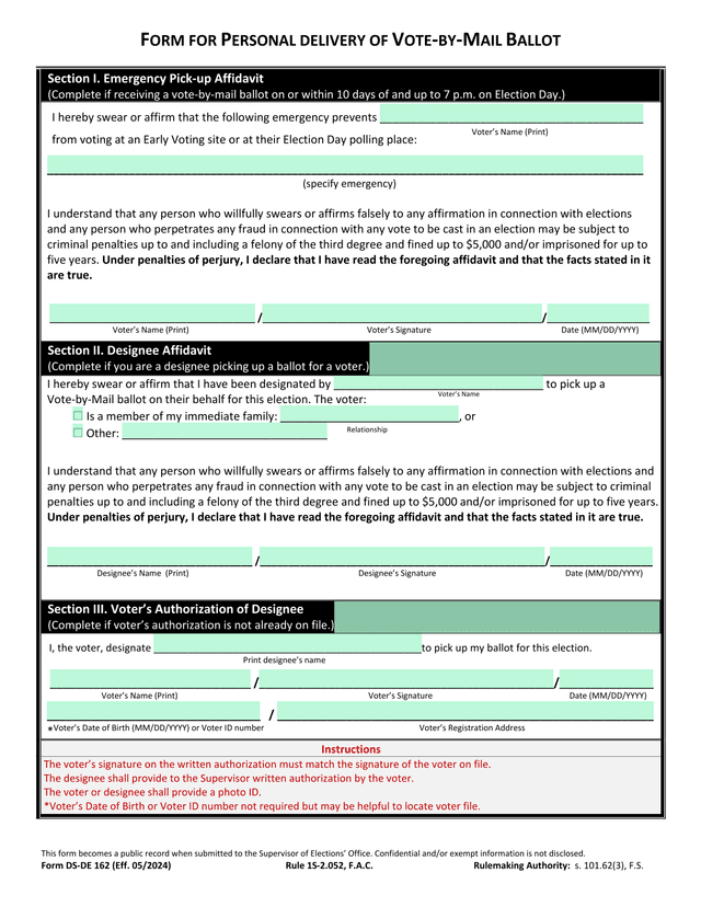 FORM FOR PERSONAL DELIVERY OF VOTE BY MAIL BALLOT screenshot