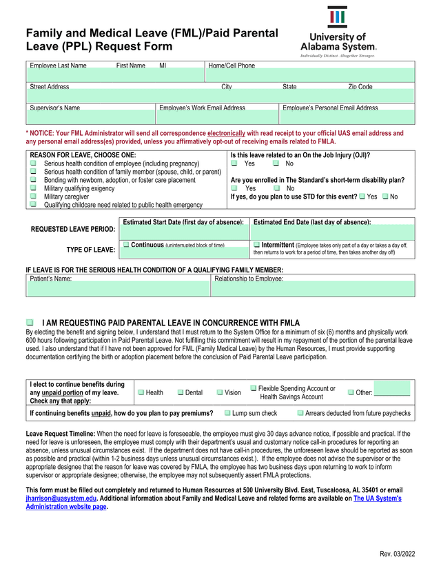 Family And Medical Leave (FML)Paid Parental Leave (PPL) Request Form screenshot