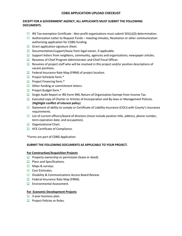 CDBG APPLICATION UPLOAD CHECKLIST screenshot
