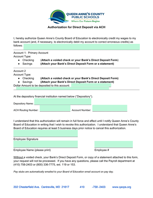 Authorization For Direct Deposit Via ACH screenshot