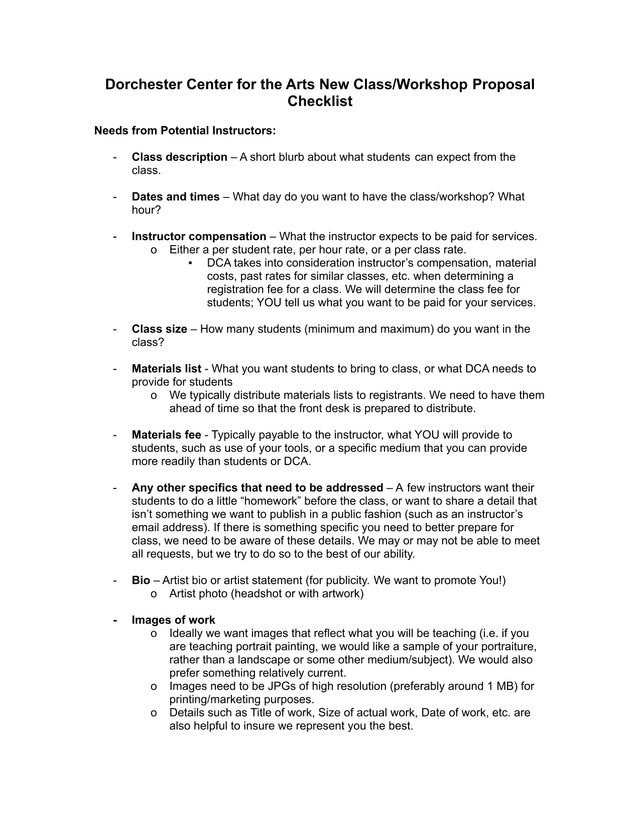 Dorchester Center For The Arts New ClassWorkshop Proposal Checklist screenshot