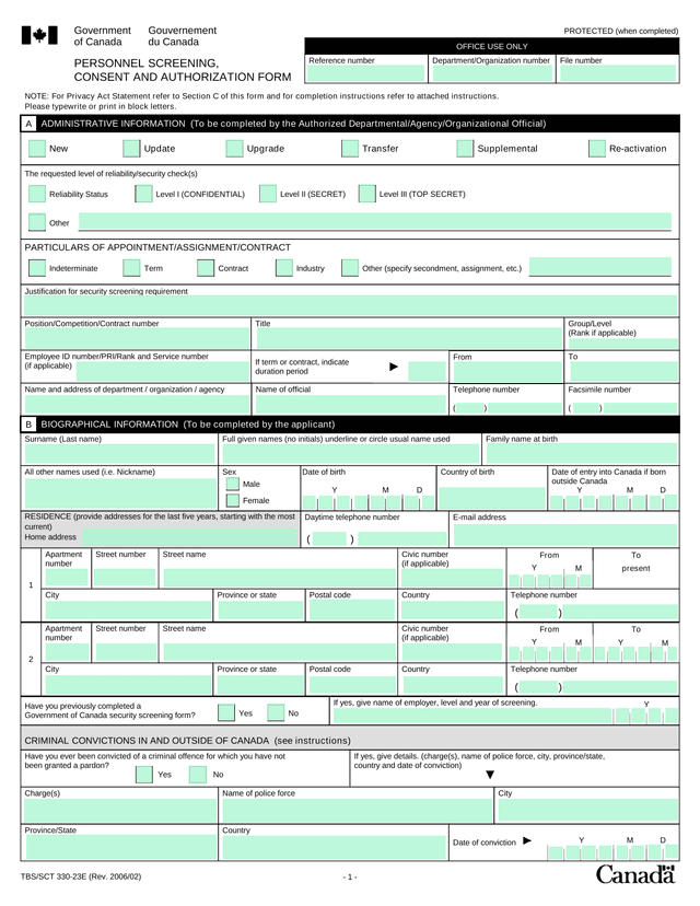 Personnel Screening, Consent And Authorization Form screenshot