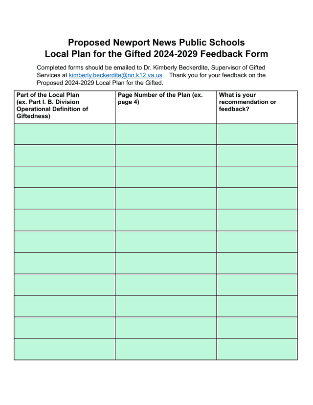 Proposed Newport News Public Schools Local Plan For The Gifted 2024 2029 Feedback Form screenshot