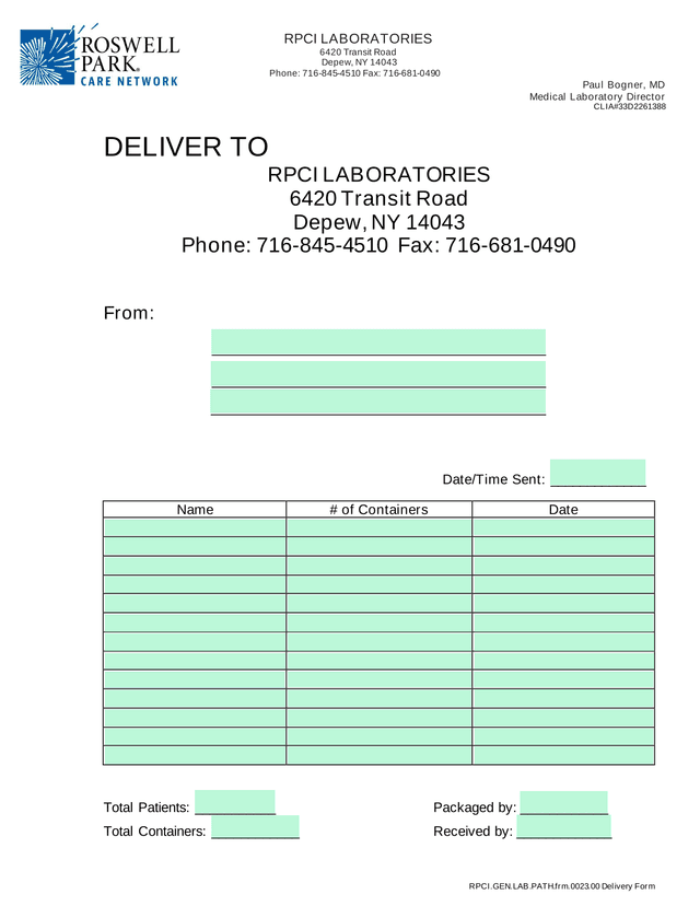 RPCI.GEN.LAB.PATH.Frm.0023.00 Delivery Form screenshot