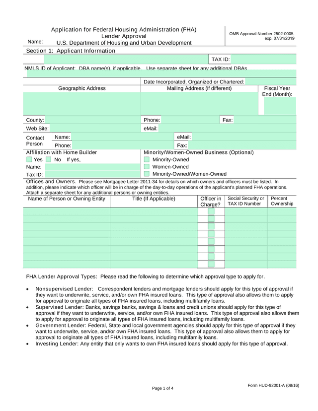 Application For Federal Housing Administration (FHA) Lender Approval screenshot