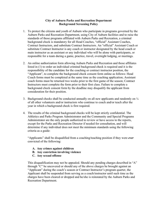 City Of Auburn Parks And Recreation Department Background Screening Policy screenshot