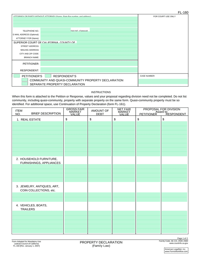 FL 160 Property Declaration screenshot