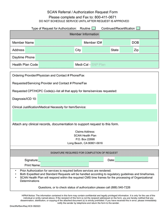 SCAN Referral  Authorization Request Form screenshot