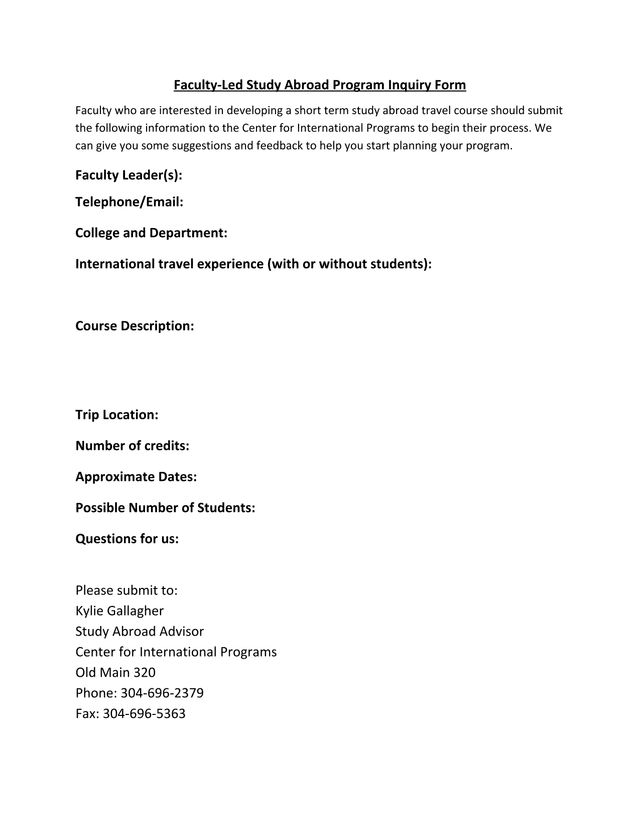 Faculty Led Study Abroad Program Inquiry Form screenshot