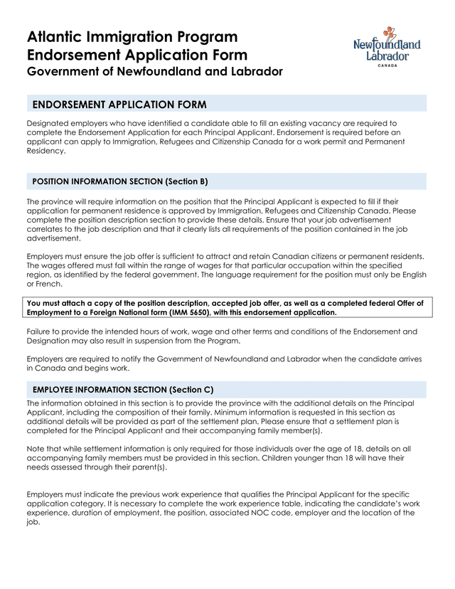Atlantic Immigration Program Endorsement Application Form screenshot