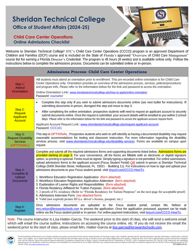 Child Care Center Operations (CCCO) Program Admissions Process screenshot