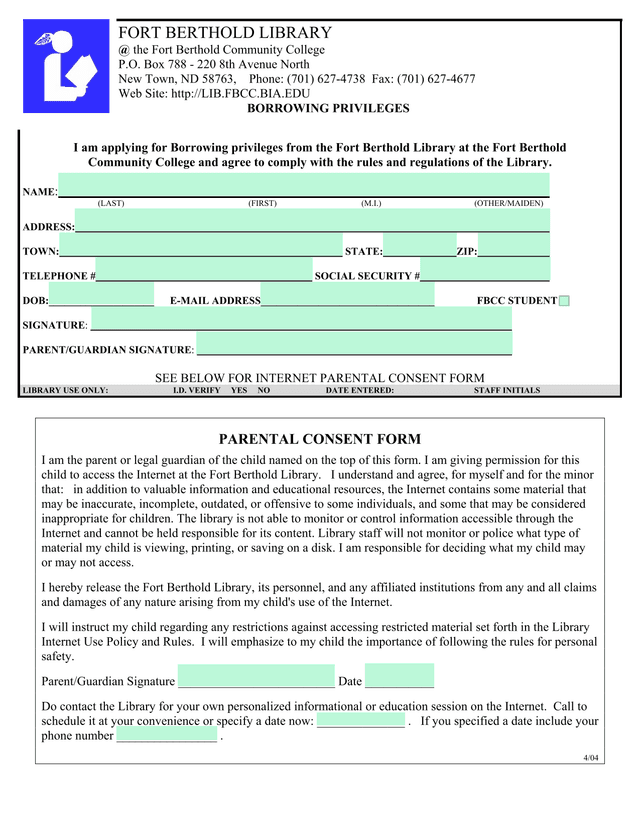 Fort Berthold Library Borrowing Privileges Form screenshot