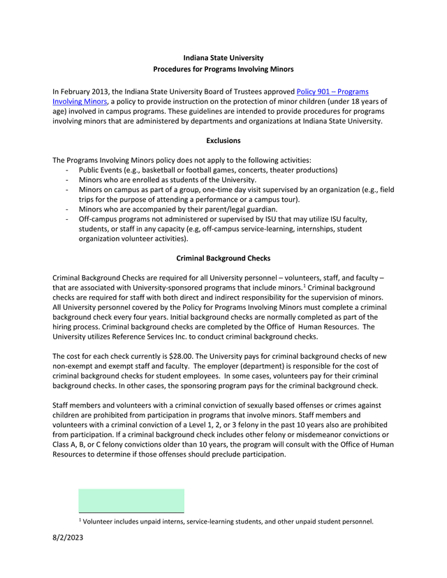 Indiana State University Procedures For Programs Involving Minors screenshot