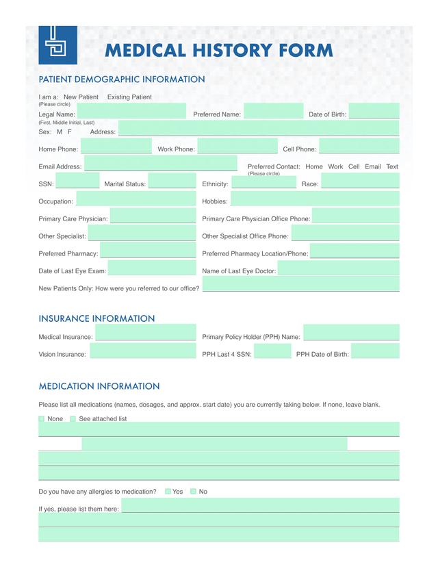 MEDICAL HISTORY FORM screenshot