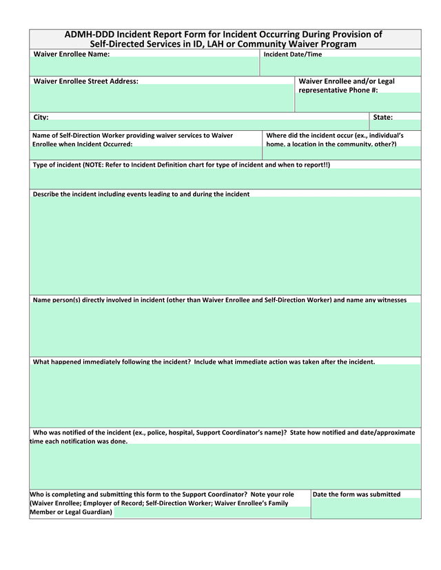 ADMH DDD Incident Report Form For Incident Occurring During Provision Of Self Directed Services In I screenshot