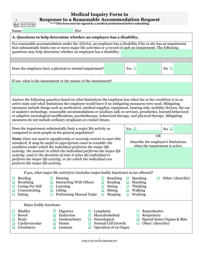 Medical Inquiry Form In Response To A Reasonable Accommodation Request screenshot