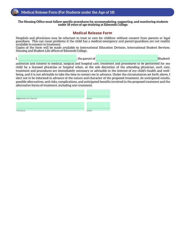 Medical Release Form (For Students Under The Age Of 18) screenshot