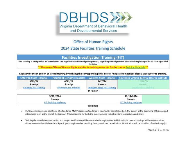 2024 State Facilities Training Schedule screenshot