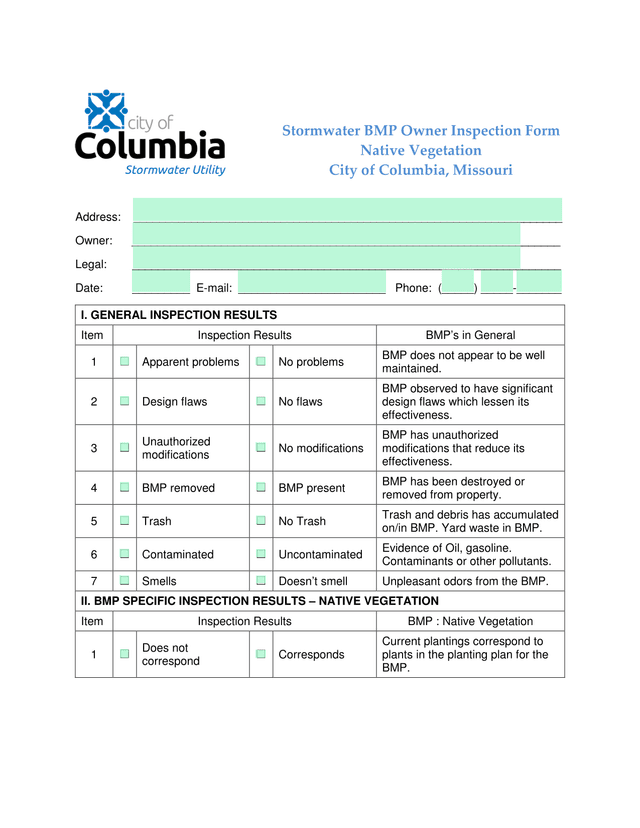 Stormwater BMP Owner Inspection Form Native Vegetation screenshot