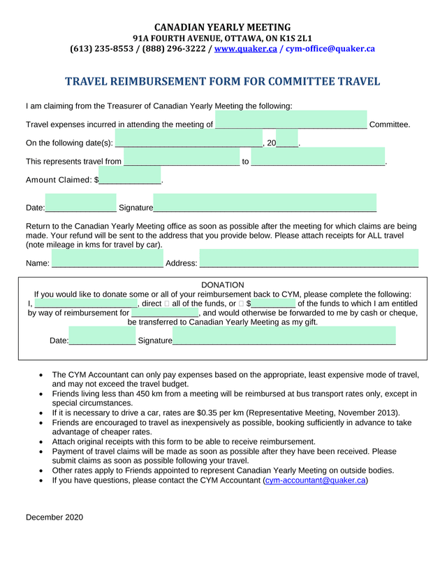 Travel Reimbursement Form For Committee Travel screenshot