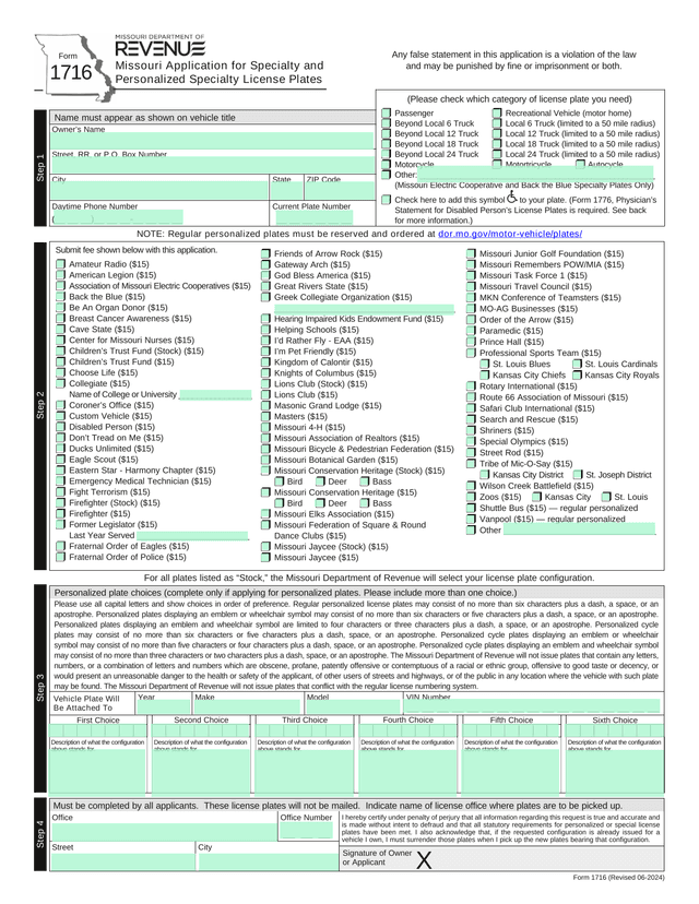 Missouri Application For Specialty And Personalized Specialty License Plates screenshot