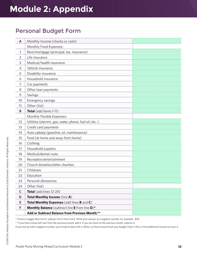 Personal Budget Form screenshot
